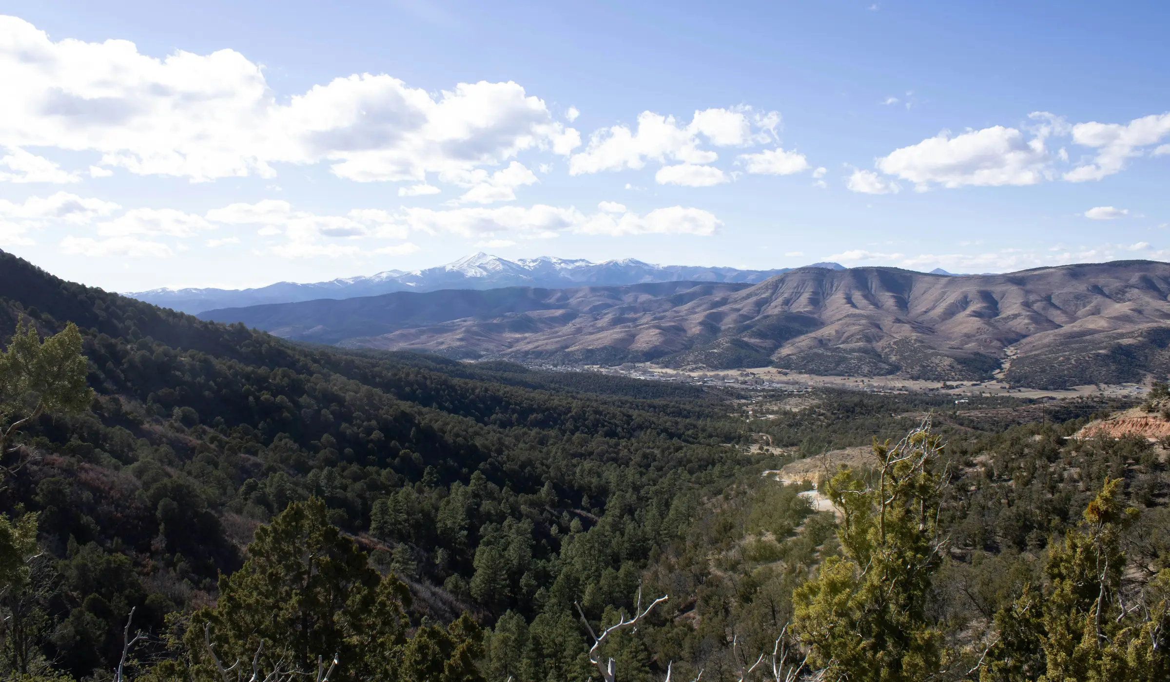 Forested valley near Las Vegas, NM with snow-capped mountains in the distance